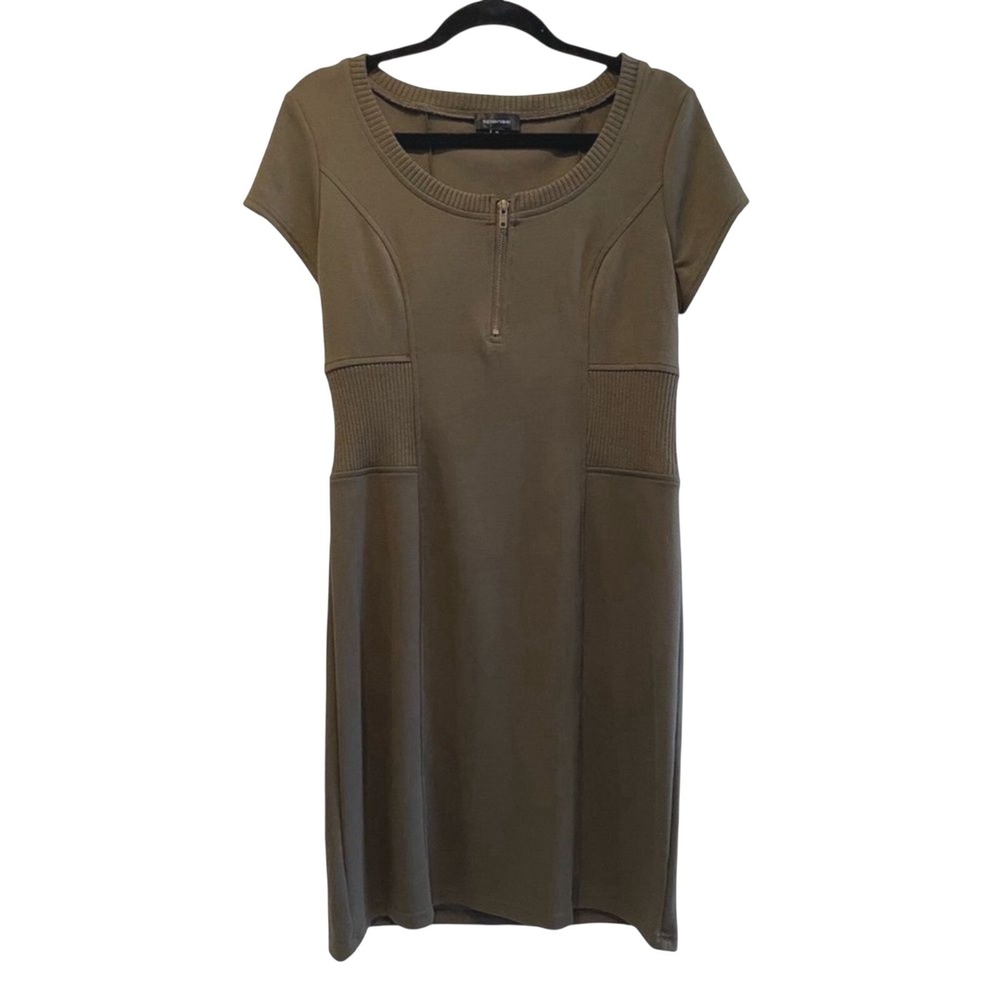Spense Sheath Dress Olive Green‎ Ribbed Trim Quarter Zip Workwear Women Size 10